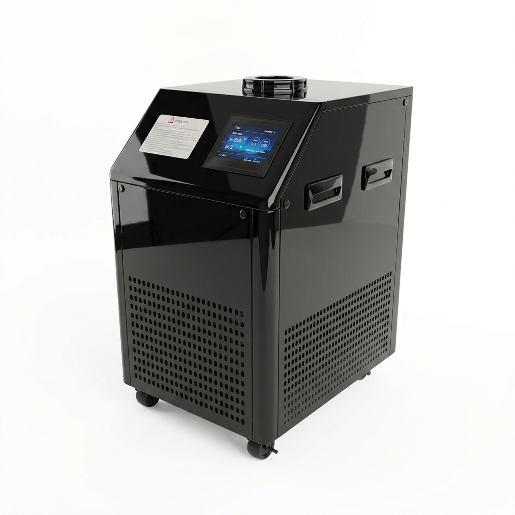 Air conditioning unit — glossy black portable cabinet on casters with touchscreen control panel, side handles, and perforated ventilation grilles