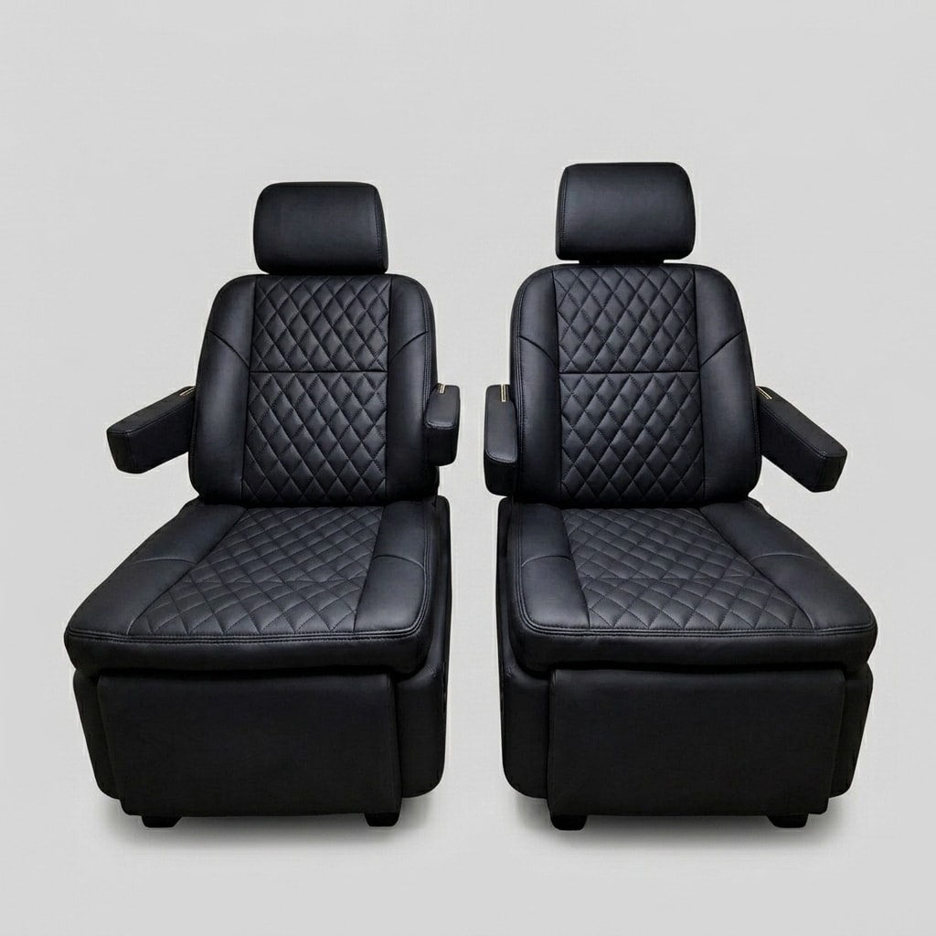 Premium black quilted leather captain's chairs reclined with footrests extended, showing electric reclining and footrest adjustment