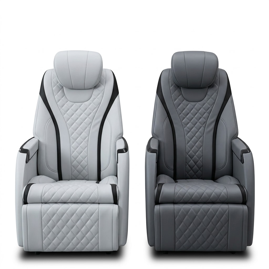 Premium business-inspired fully adjustable comfort seating in gray — two quilted leather captain's chairs in light gray and dark gray with integrated headrests and padded armrests