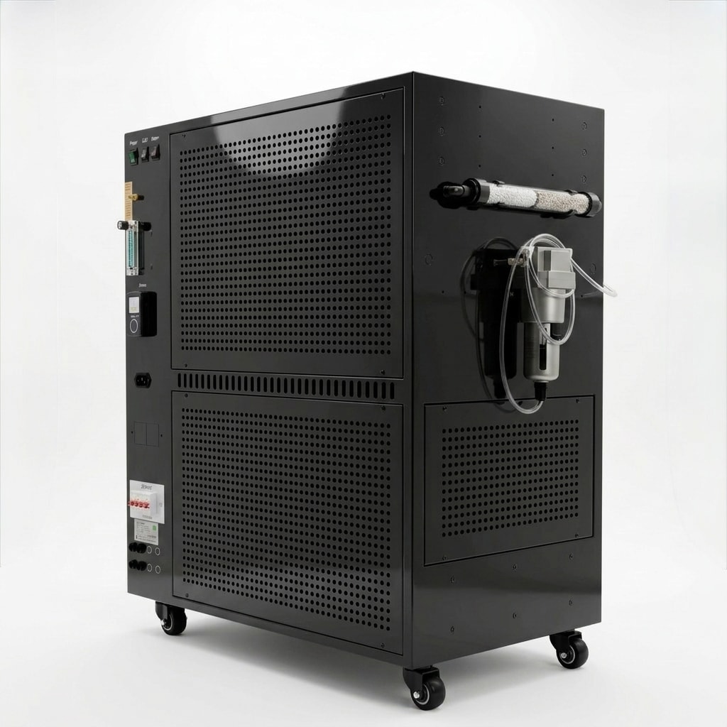 Dual all-in-one smart controller unit — glossy black floor cabinet on casters with control panel, oxygen concentrator, filter, and tubing