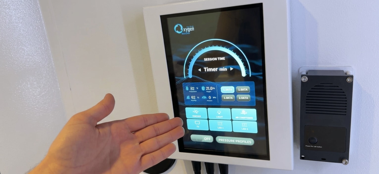 Wall-mounted Oxygen Health Systems touchscreen control panel inside the chamber — showing session timer, real-time temperature, oxygen, humidity and pressure readouts, 1.3–2.5 ATA pressure presets, and chamber controls, with a hand reaching toward it and an intercom call button beside it