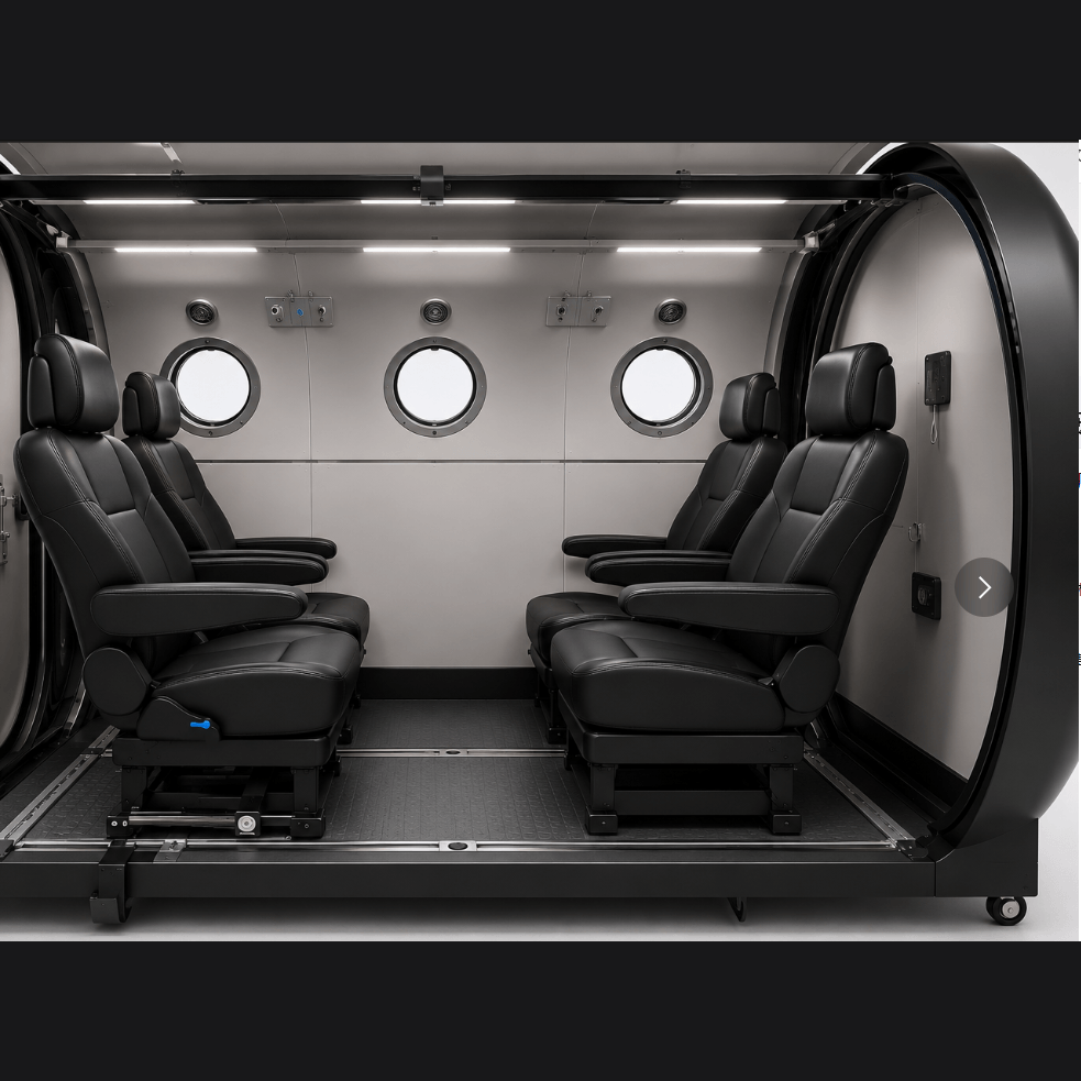 Interior of the Concourse 2.5 chamber in a 4-seat configuration — four black leather captain's chairs on a rail-mounted floor track, with metallic silver-gray walls, three round porthole windows, overhead LED light strips, and the open oval hatch door