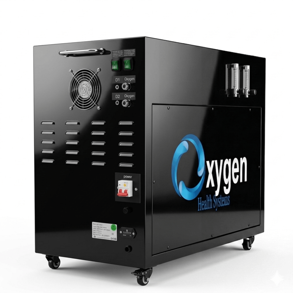 Rear three-quarter view of the second 20 LPM oxygen generator — glossy black cabinet with a cooling fan, ventilation slots, D1 and D2 oxygen outlet ports, twin flow meters, and a power breaker switch