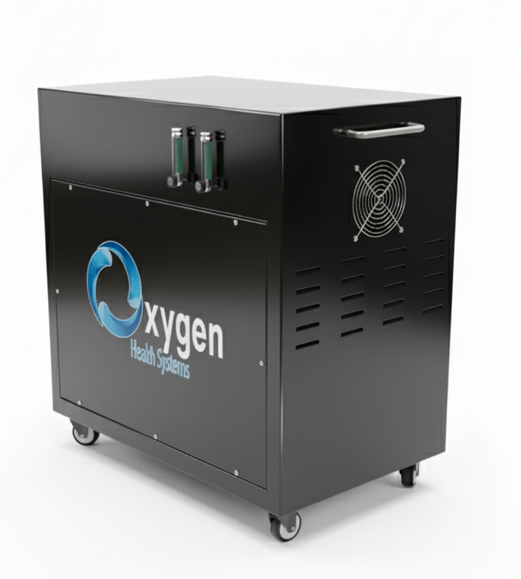 Second 20 LPM oxygen generator — black floor cabinet on casters with dual oxygen fittings, a cooling fan grille, and ventilation panels